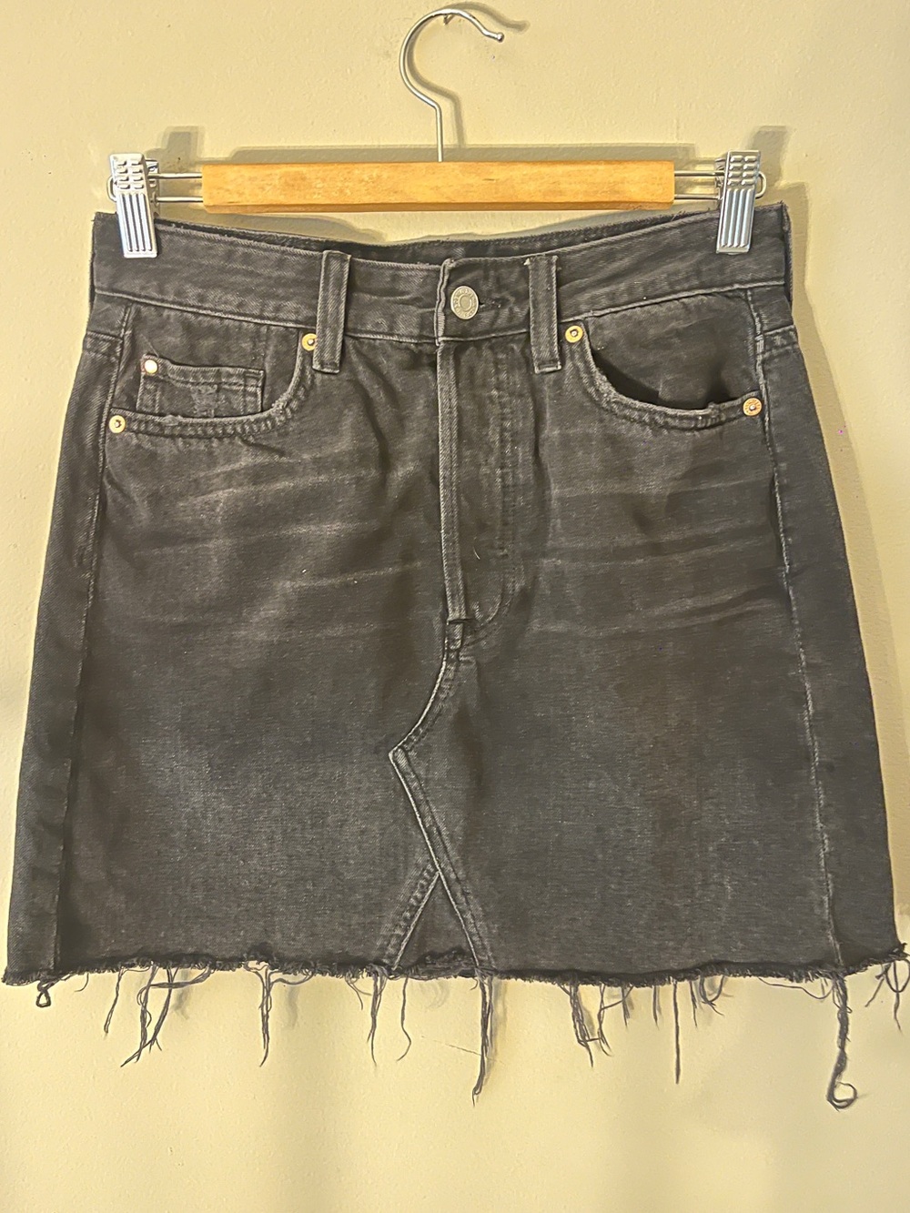 Black Distressed Denim Mini Skirt with Frayed Hem